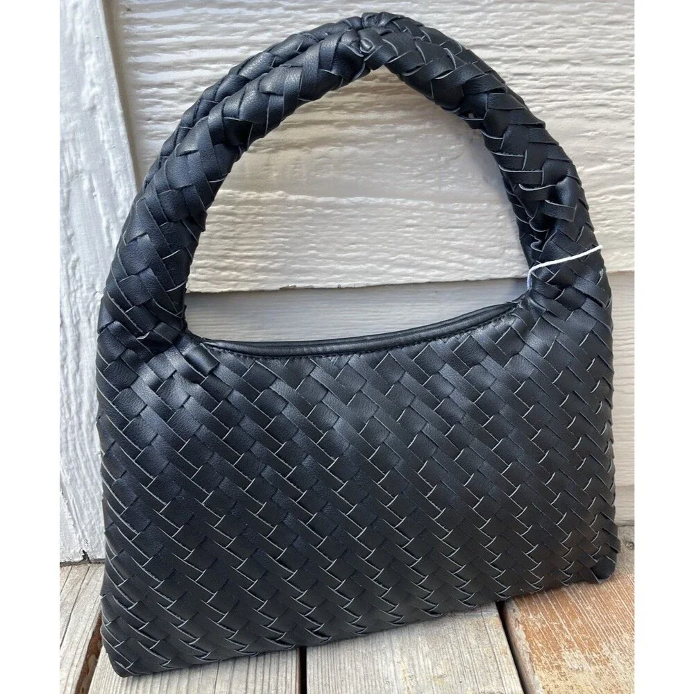 New! Walter Baker Margaux Handbag Black Woven Hobo Bag Vegan Leather